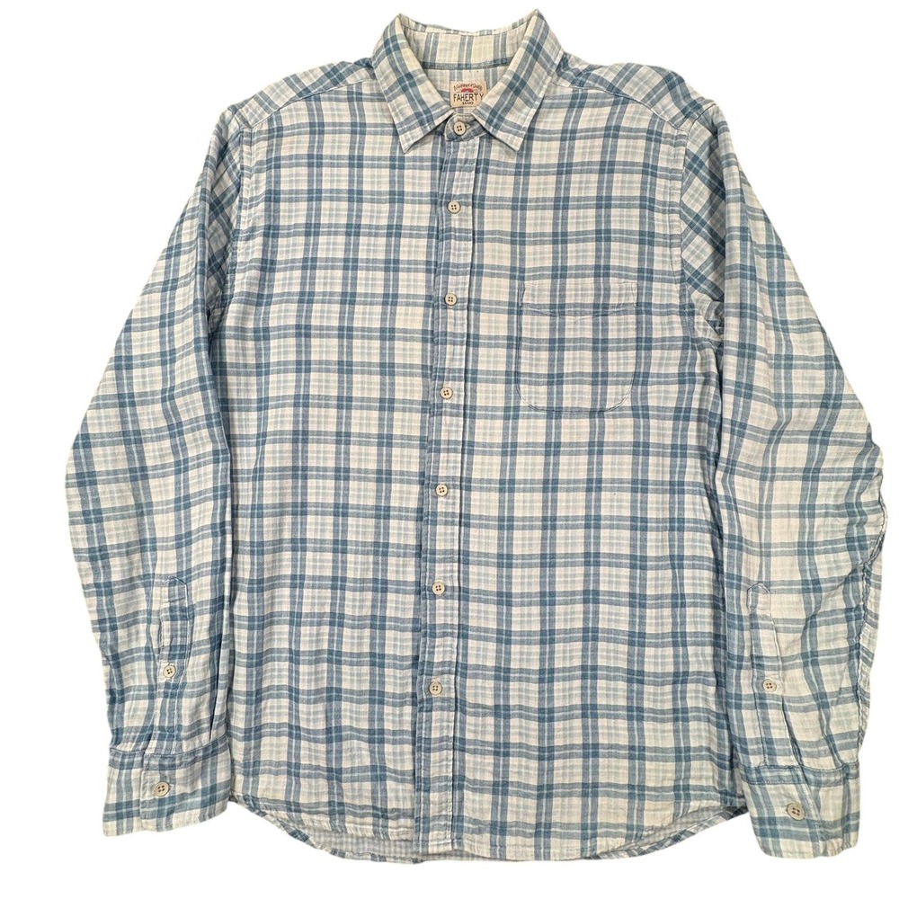 Faherty Doublecloth Ventura Shirt Mens L Blue White Plaid Cotton Long Sleeve